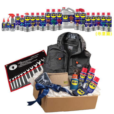 第一名： 1 套 WD-40® 全系列產品 + 冷卻風扇背心 + 梅開板手工具組 +WD-40® 禮盒